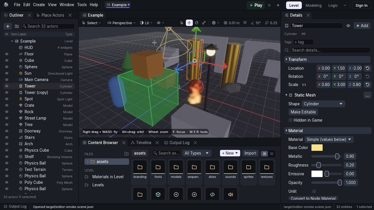 The Omnion editor: a 3D level with golden pillars, a street lamp and fire, the Outliner, the Details panel and the Content Browser