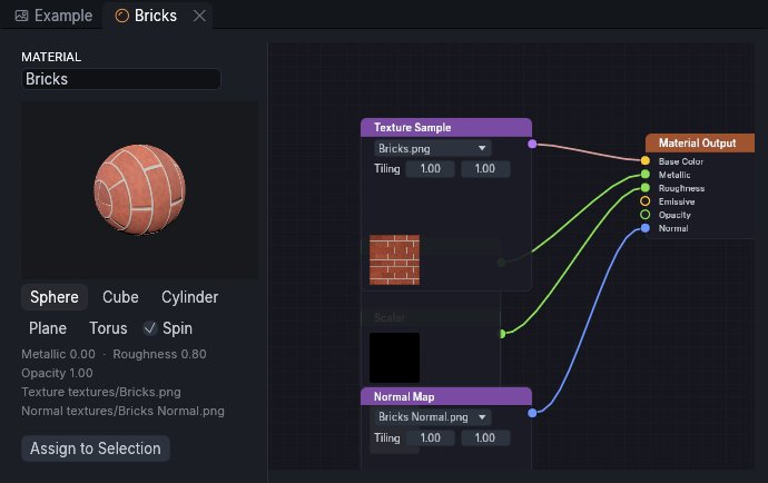 The material editor with a brick texture, its normal map and a live sphere preview